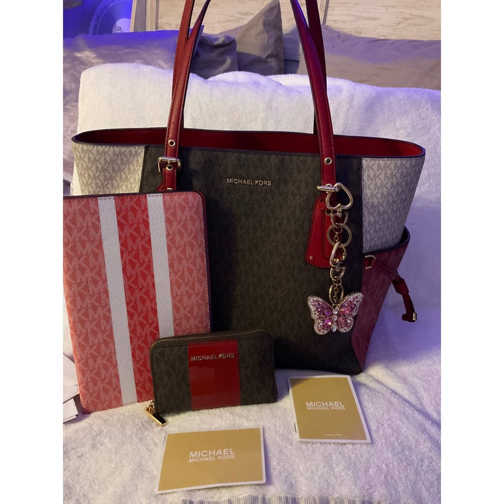 Michael Kors Signature Logo Tote Bag Wallet Tablet Sleeve Set Brown Red White